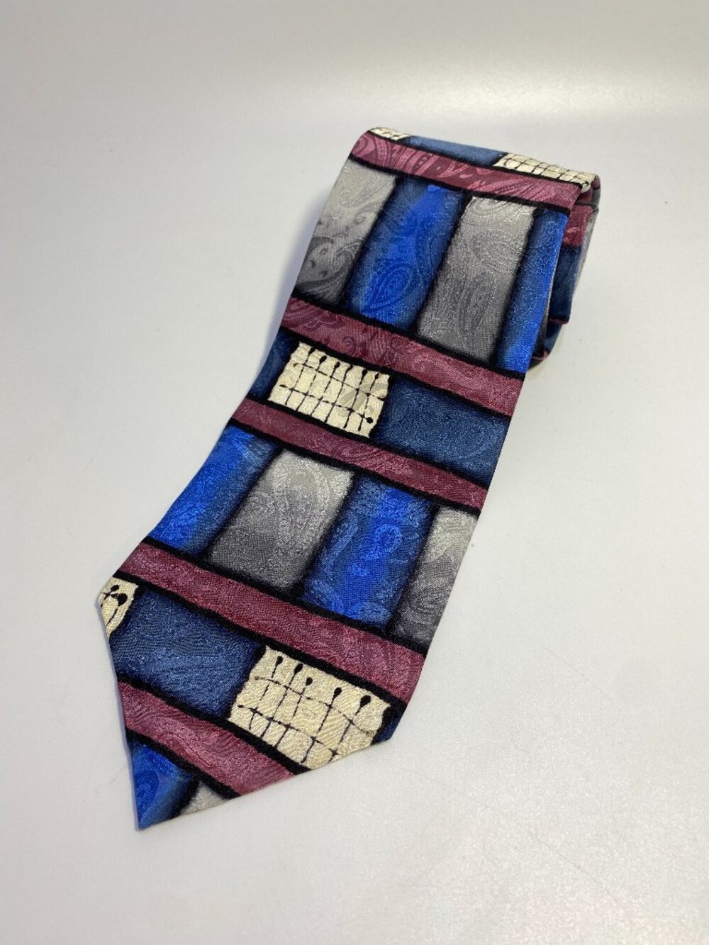 Vintage Rivellino Blue, Maroon, White, Gray Block Design On Paisley Tie